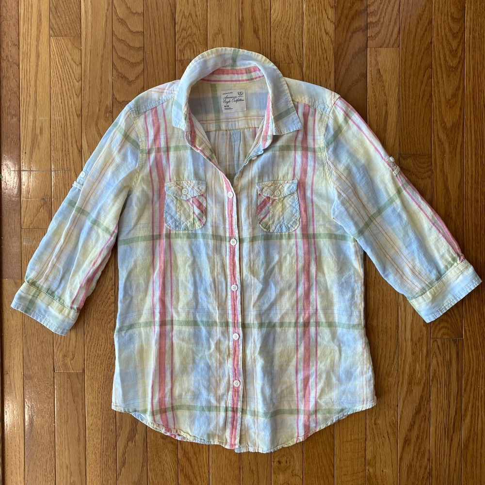 Vintage Y2K American Eagle Pastel Colorful Plaid Button Up Shirt Linen Blend M - Picture 9 of 13